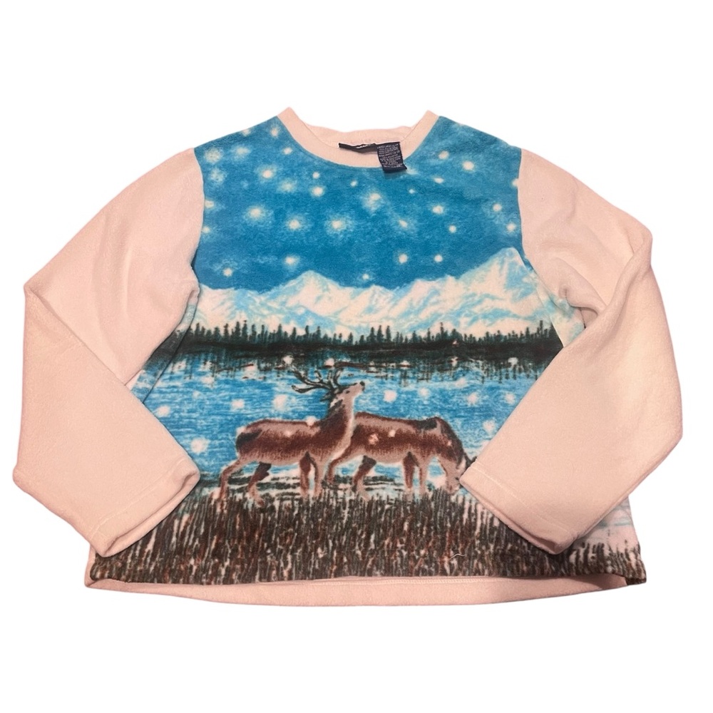Catalina Large‎ Deer Scenic Fleece Crewneck Snowy Mountain Winter Sweatshirt VTG